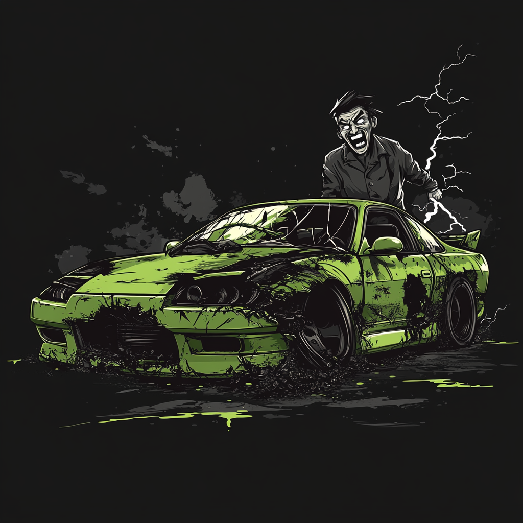 Smashed green Nissan 240sx design, lightning strikes, mad scientist laughing