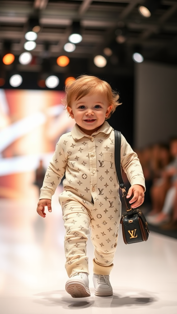 Smiley baby struts down Louis Vuitton runway.