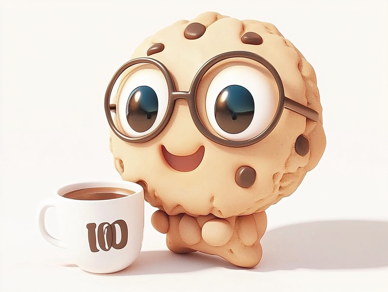 Smiley cookie friend with coffee in 2D warmth.