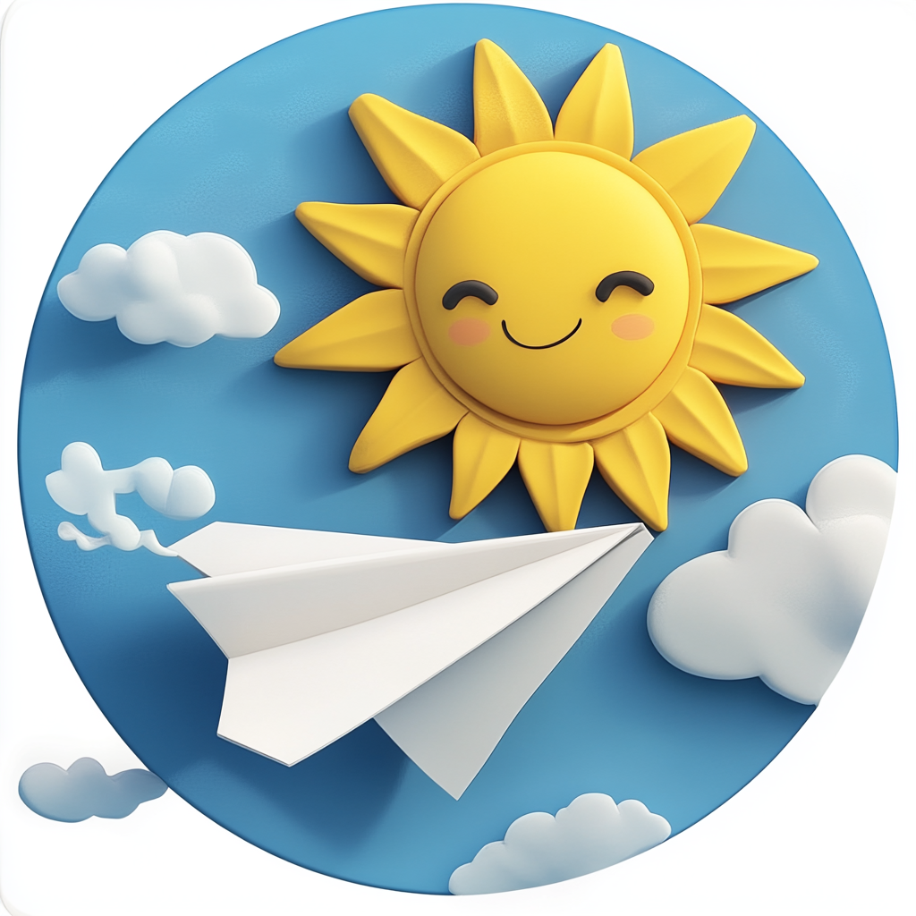 Smiley sun, paper airplane in blue sky.