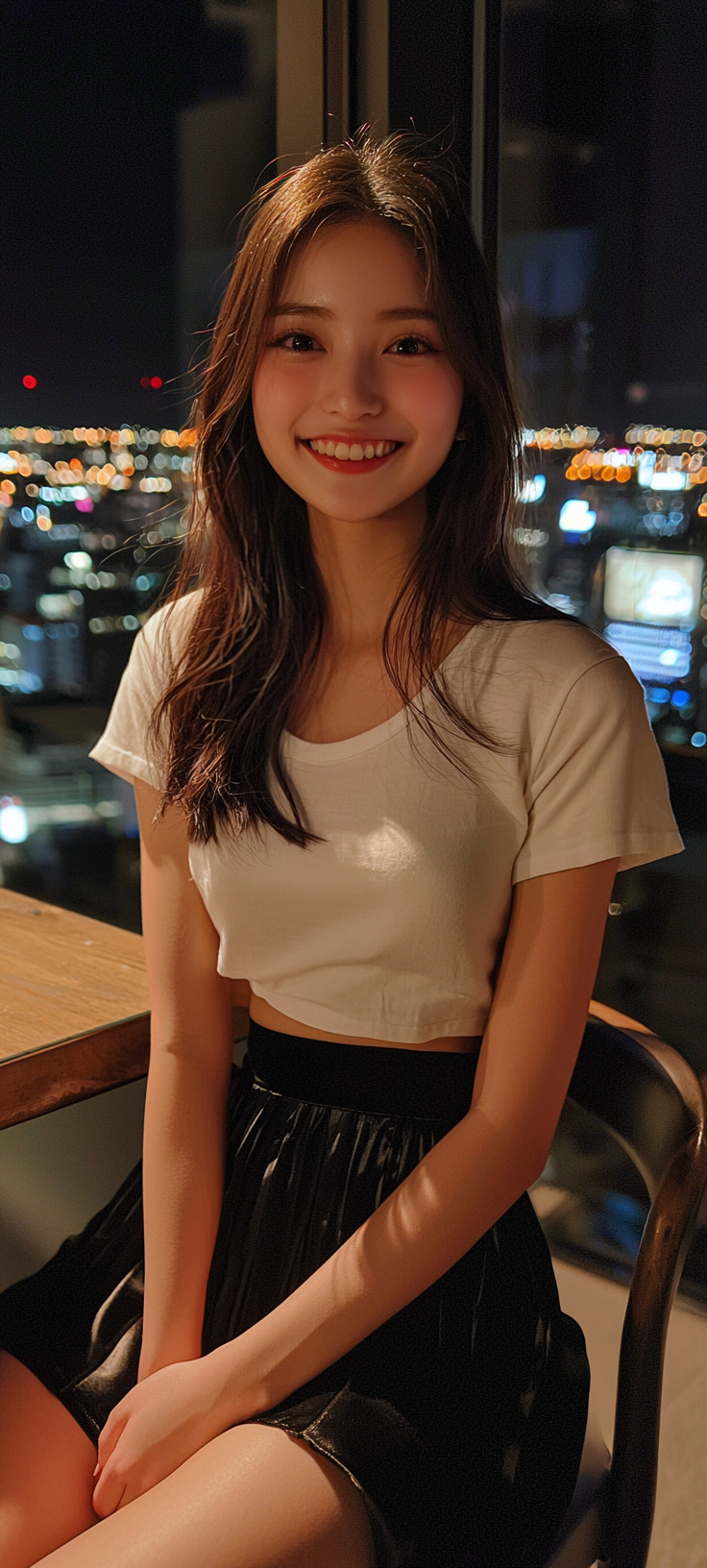 Smiling 20yo Japanese woman in stylish cocktail pose.