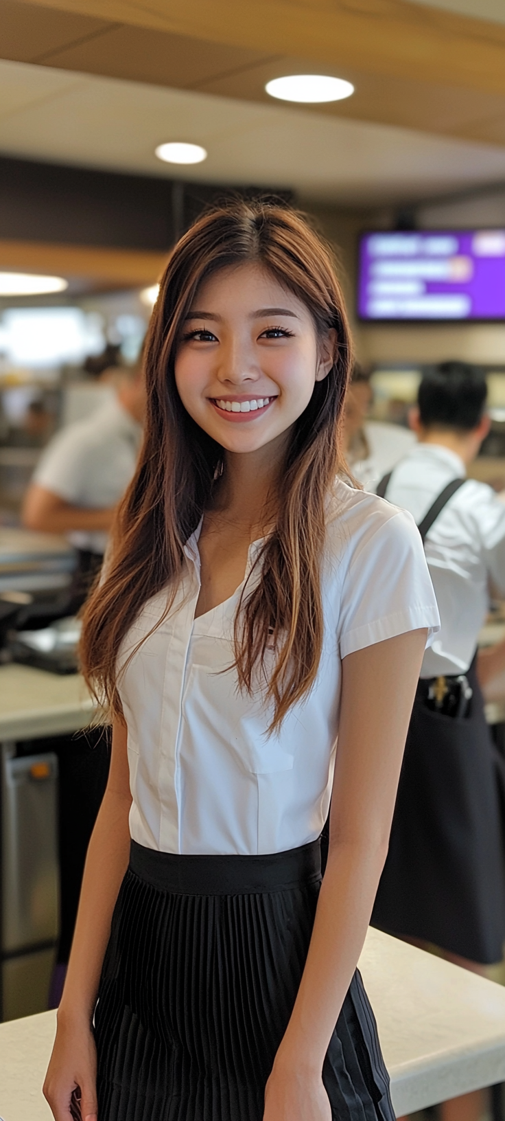 Smiling 20yo Japanese woman with blemishes in Taco Bell.