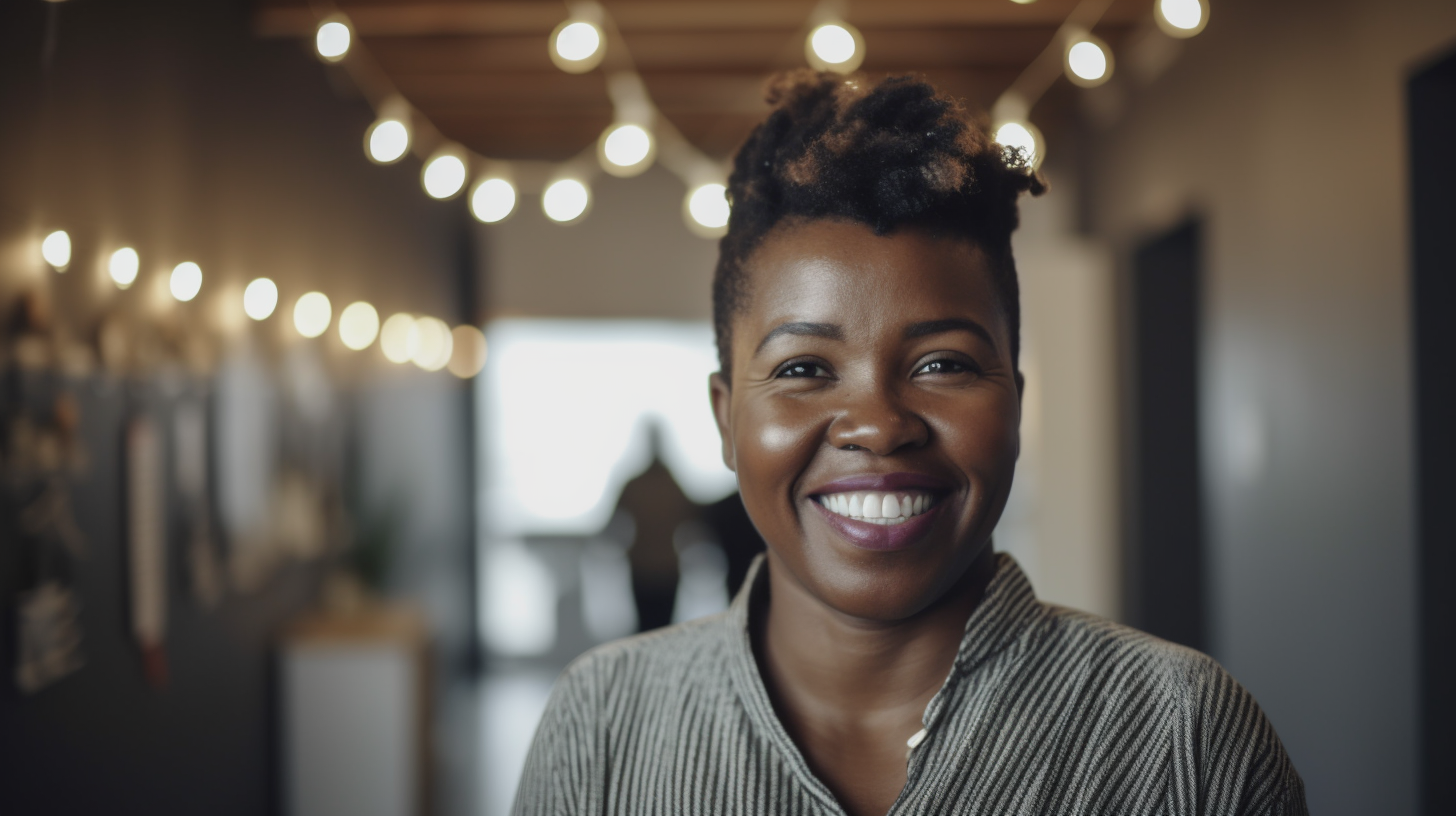 Smiling African woman in new office in South Africa.