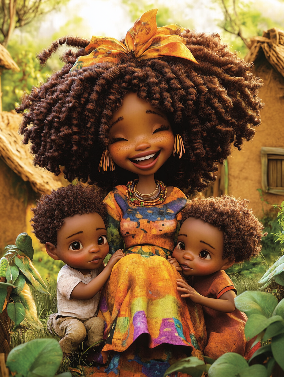 Smiling African woman with large hair plays with kids.