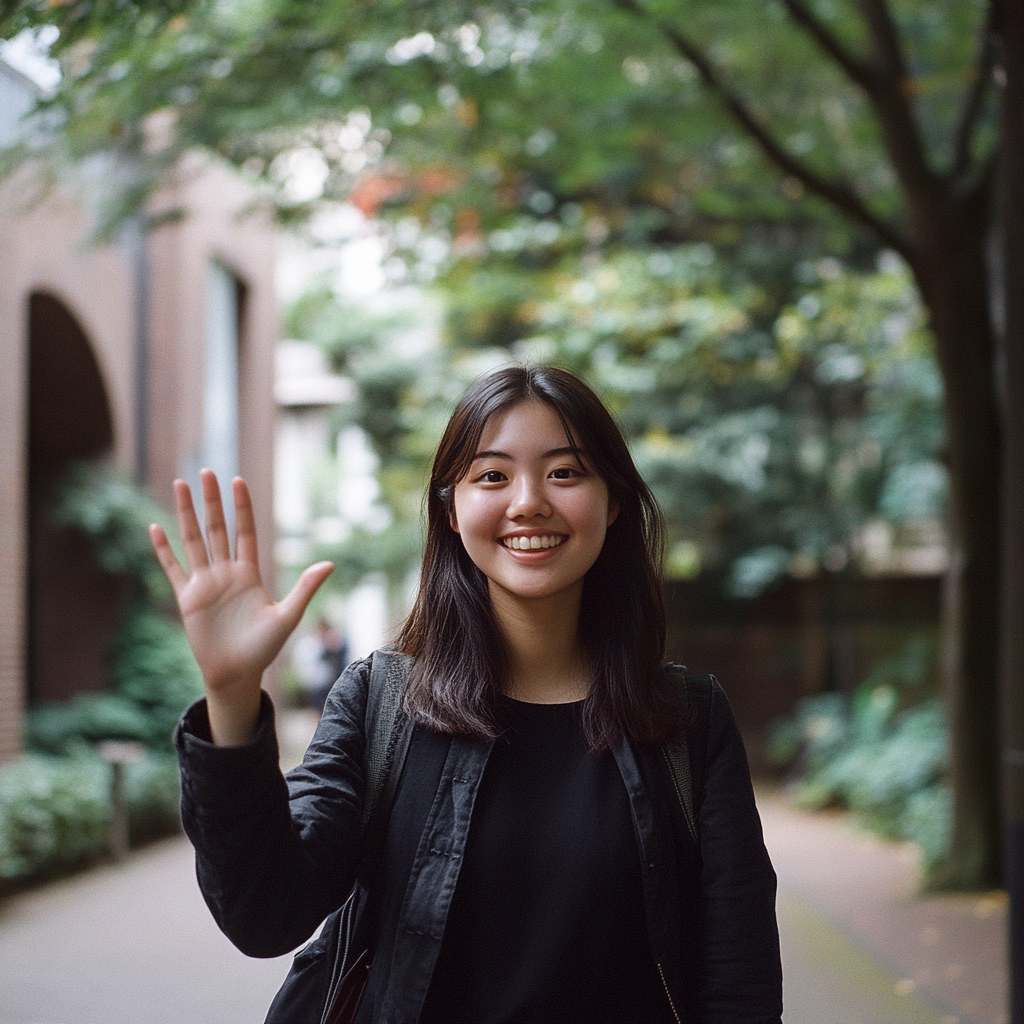 Smiling Asian student with extra fingers in courtyard.