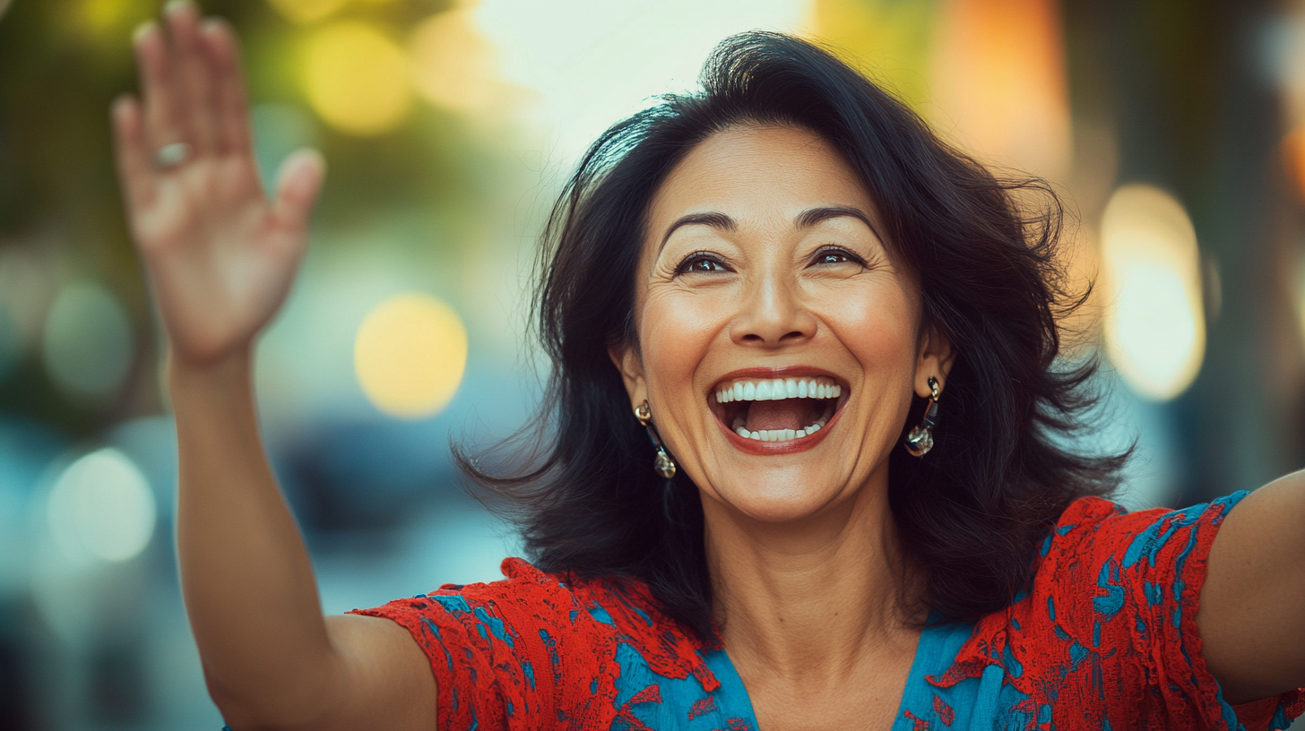 Smiling Asian woman celebrating victory with playful high-five.