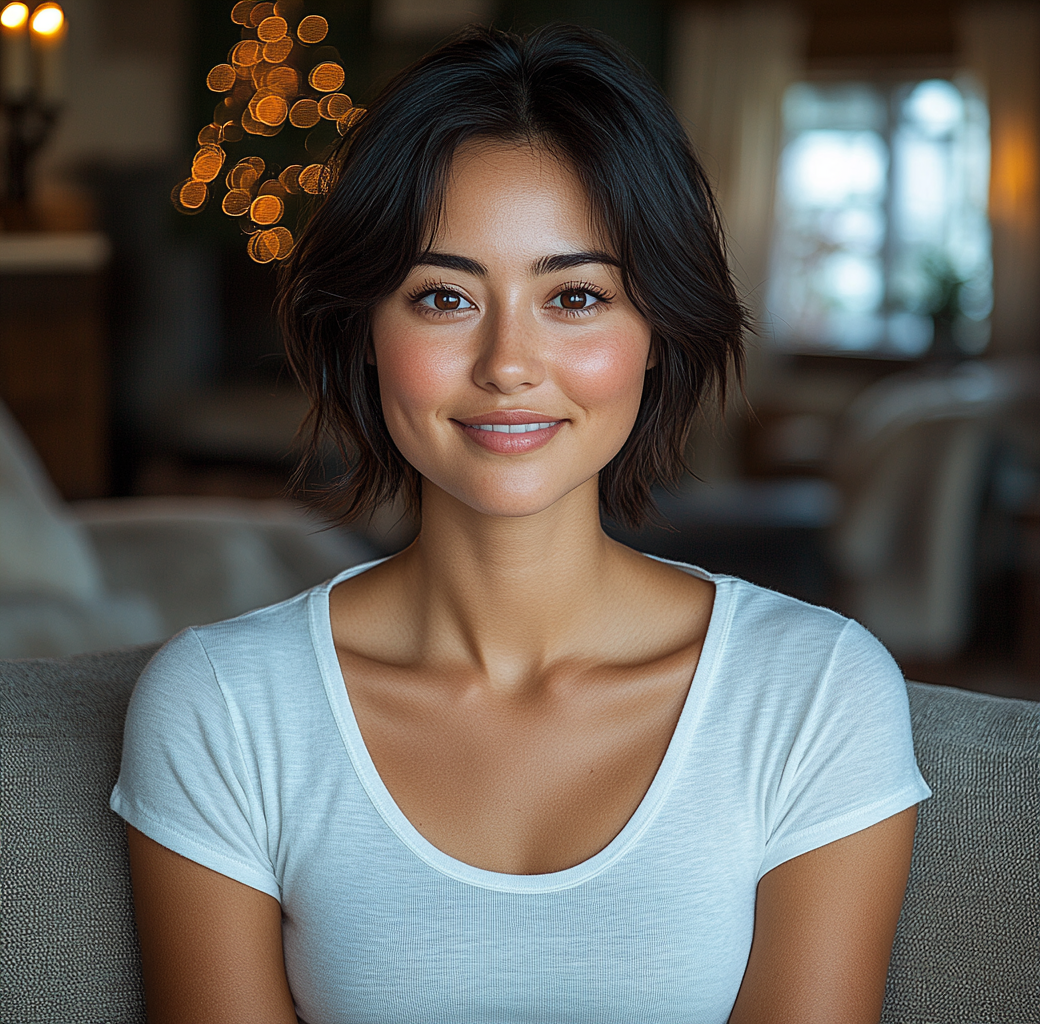 Smiling Asian woman in Christmas living room. White t-shirt.