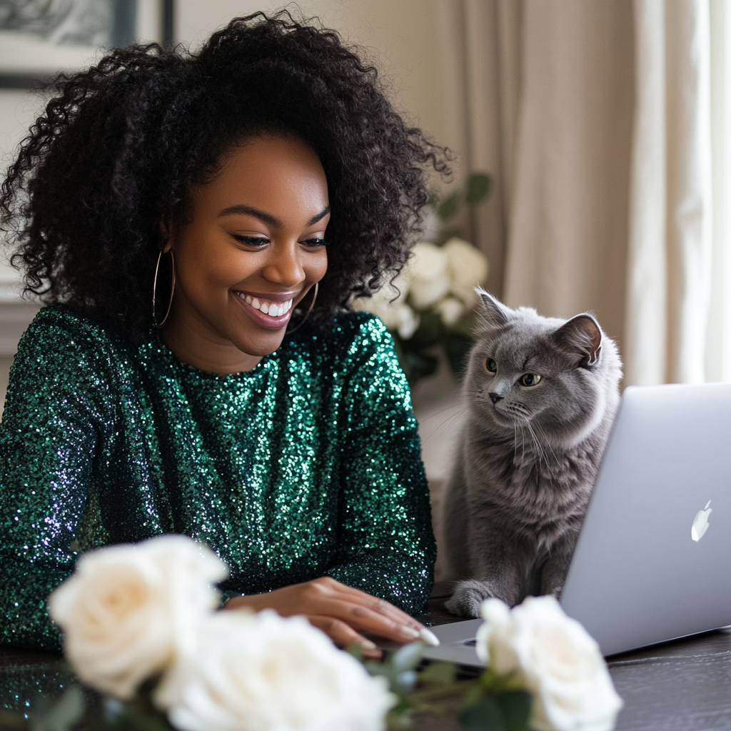 Smiling Black Woman in Green Top with Laptop, Cat and Coffee in Cozy Home Office