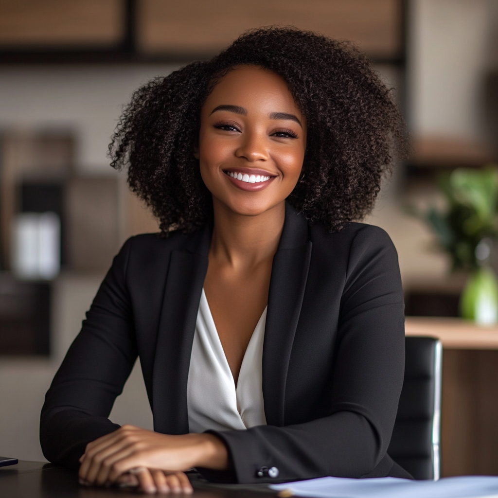 Smiling Black model in business suit at office desk.