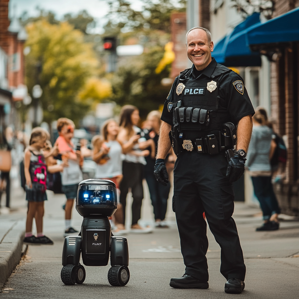 Smiling Canadian Police Officer Patrols City with Walking Robot