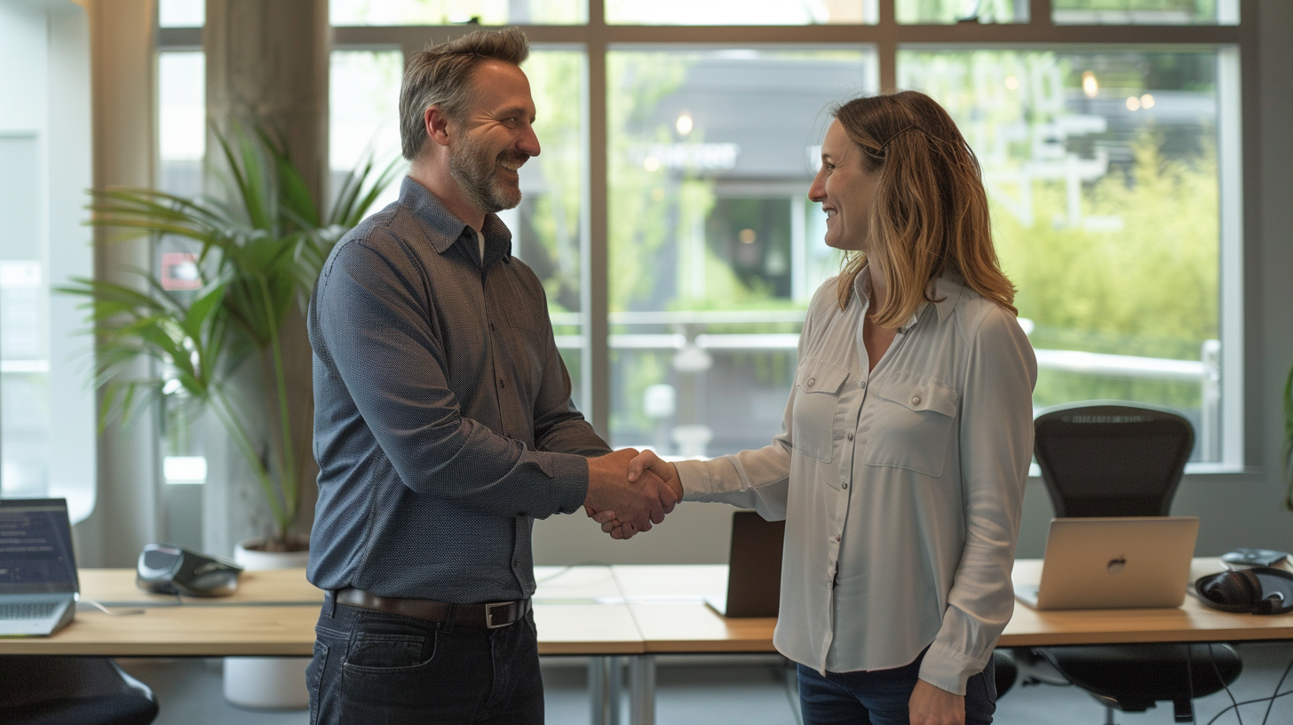 Smiling Couple Shake Hands in Modern Office Setting