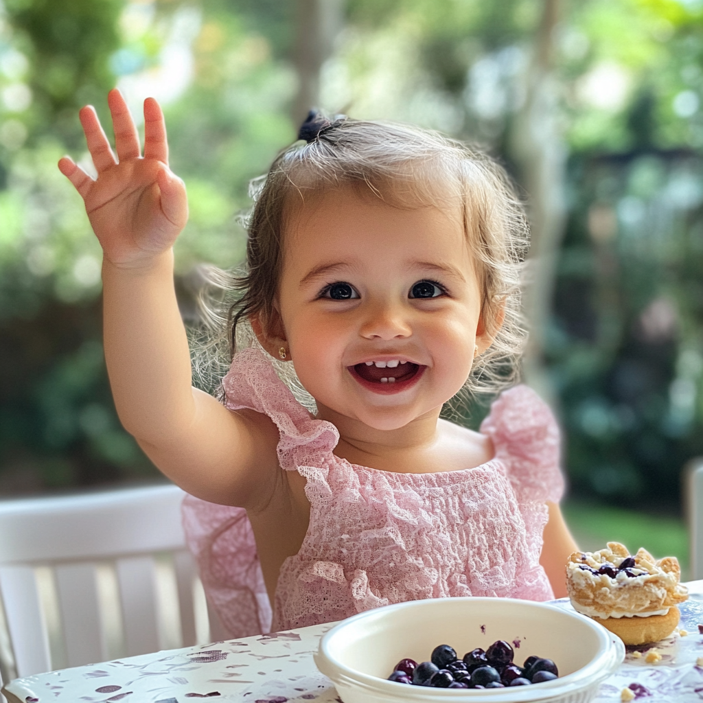 Smiling Girl in Pink Eating Blueberry Friand