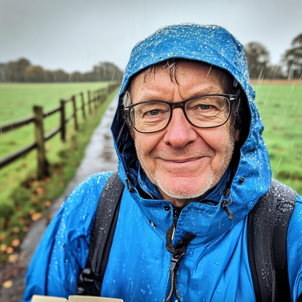 Smiling Grandpa in Rainy English Countryside