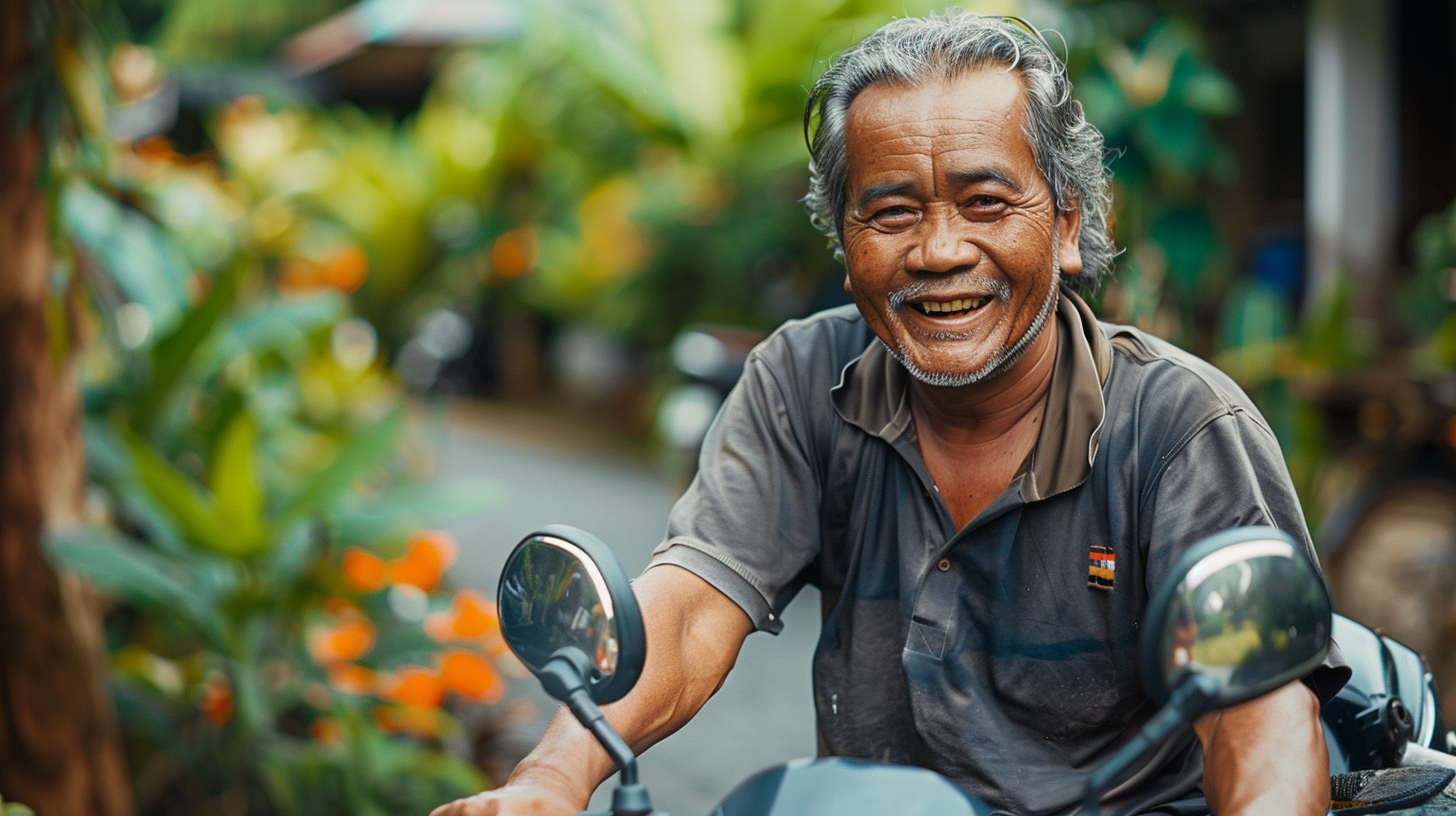 Smiling Indonesian man rides Yamaha RX King in garden