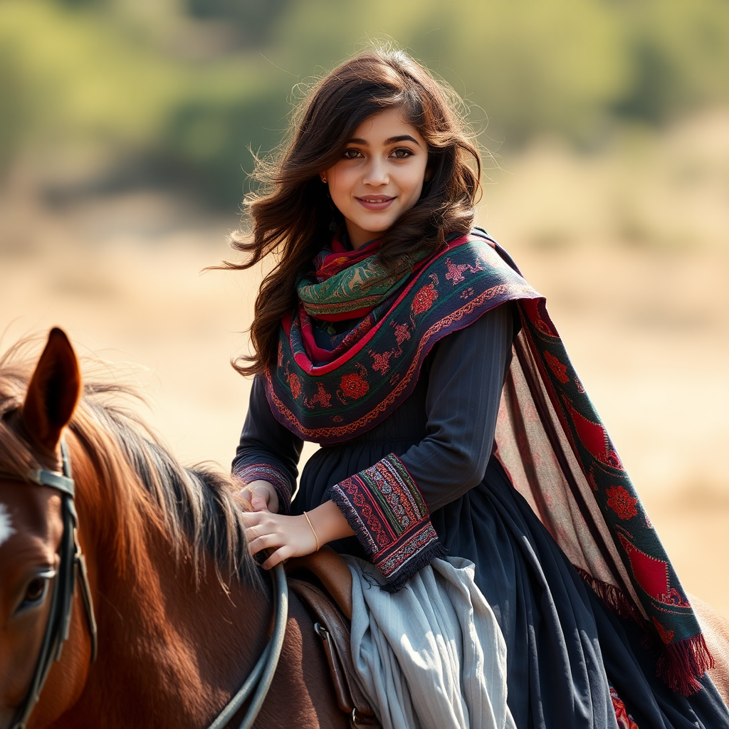 Smiling Iranian girl riding brown horse in local dress.