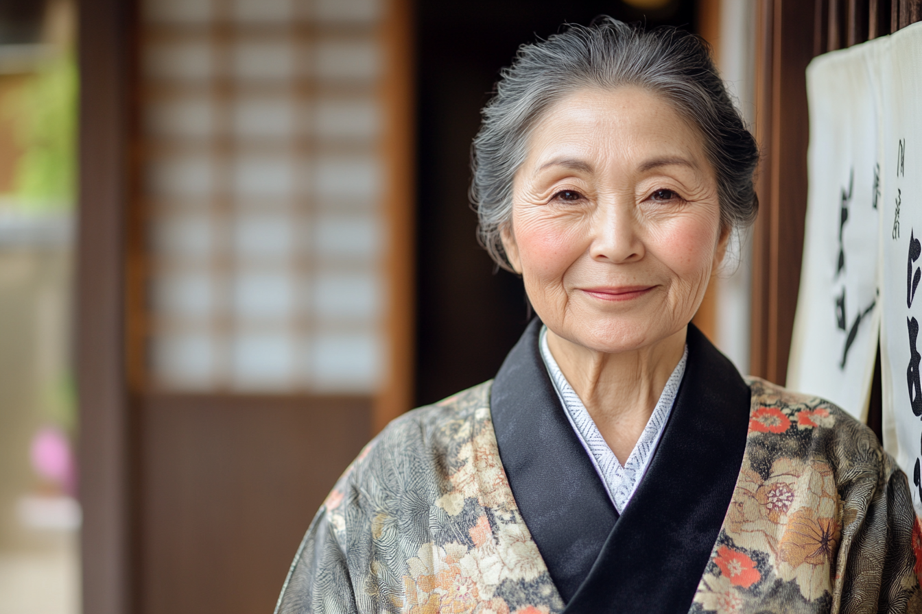 Smiling Japanese Landlady in Front of Traditional Building