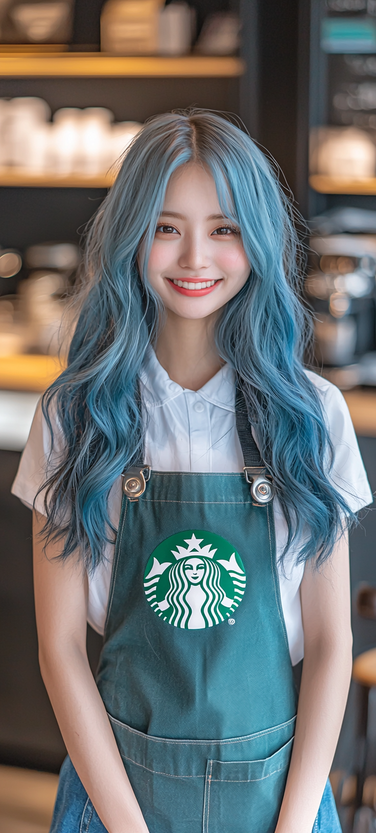 Smiling Japanese Starbucks employee with long wavy blue hair.