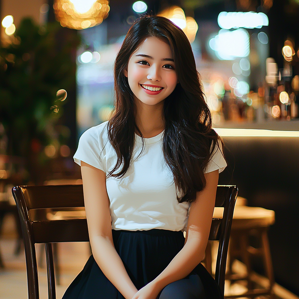 Smiling Japanese TV personality in stylish bar setting.