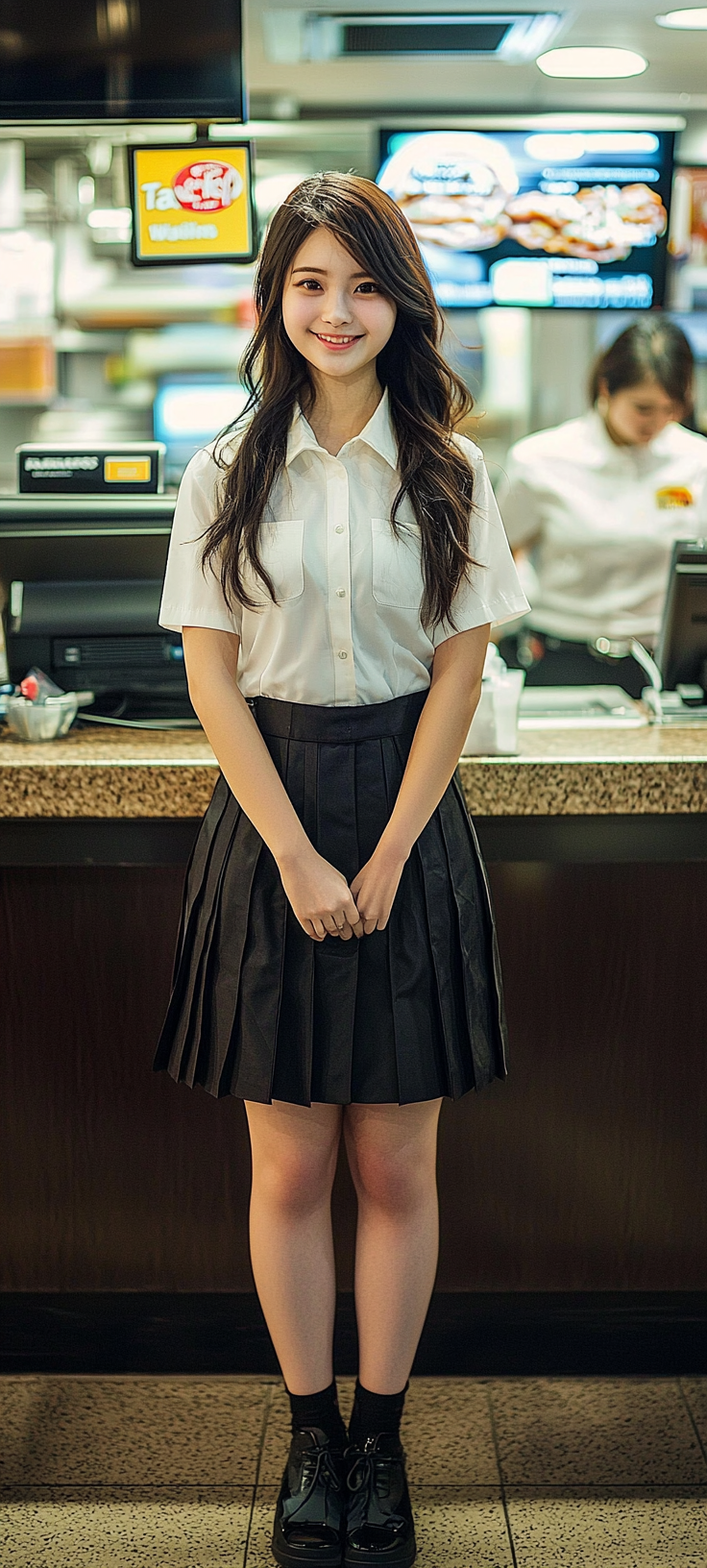 Smiling Japanese employee with beautiful hair at Taco Bell.