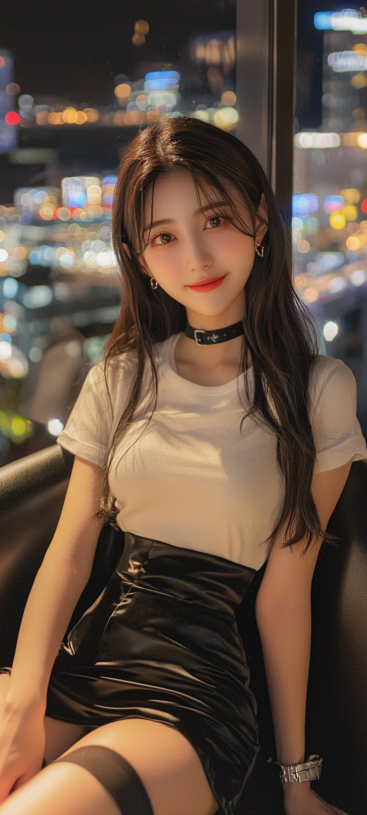 Smiling Japanese idol in stylish outfit, Osaka night view.