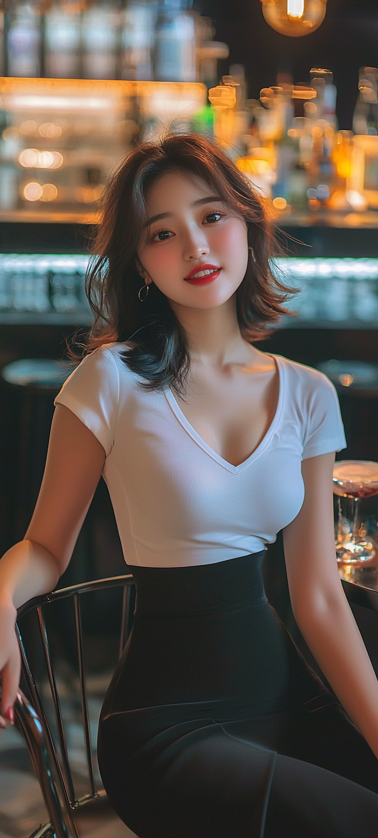 Smiling Japanese woman in stylish outfit at bar.