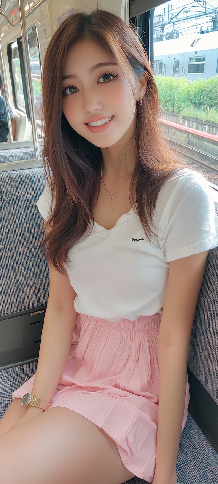 Smiling Japanese woman with eyelash extensions, sitting on sofa.