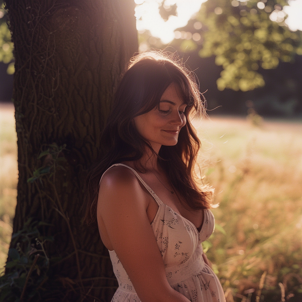 Smiling Jenna in halter dress under English sun