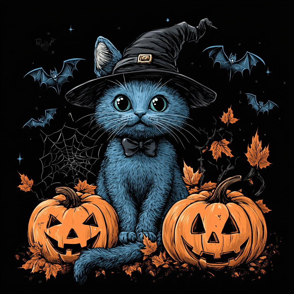 Smiling Kitten in Witch Hat on Halloween Night