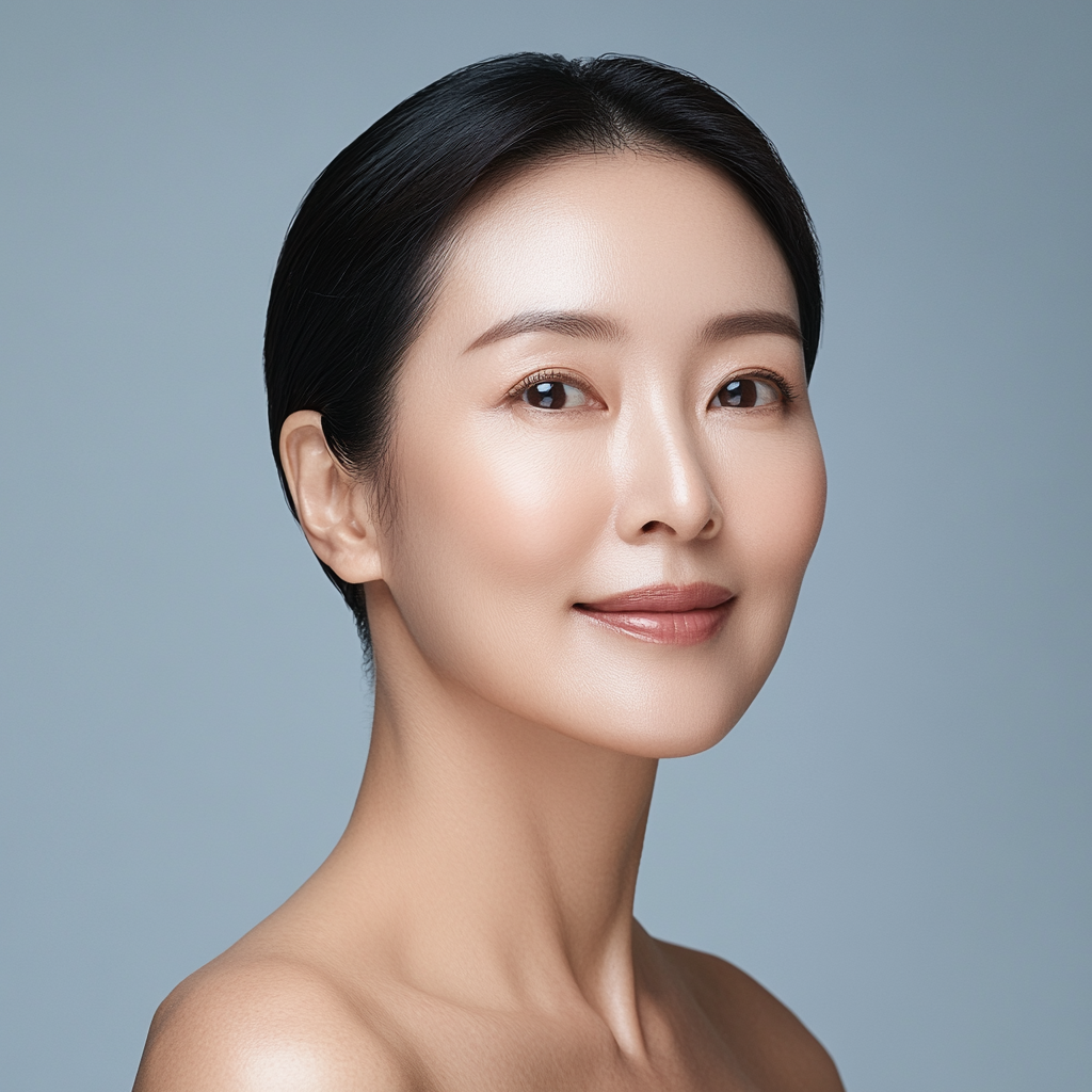 Smiling Korean woman in fifties for skincare ad.