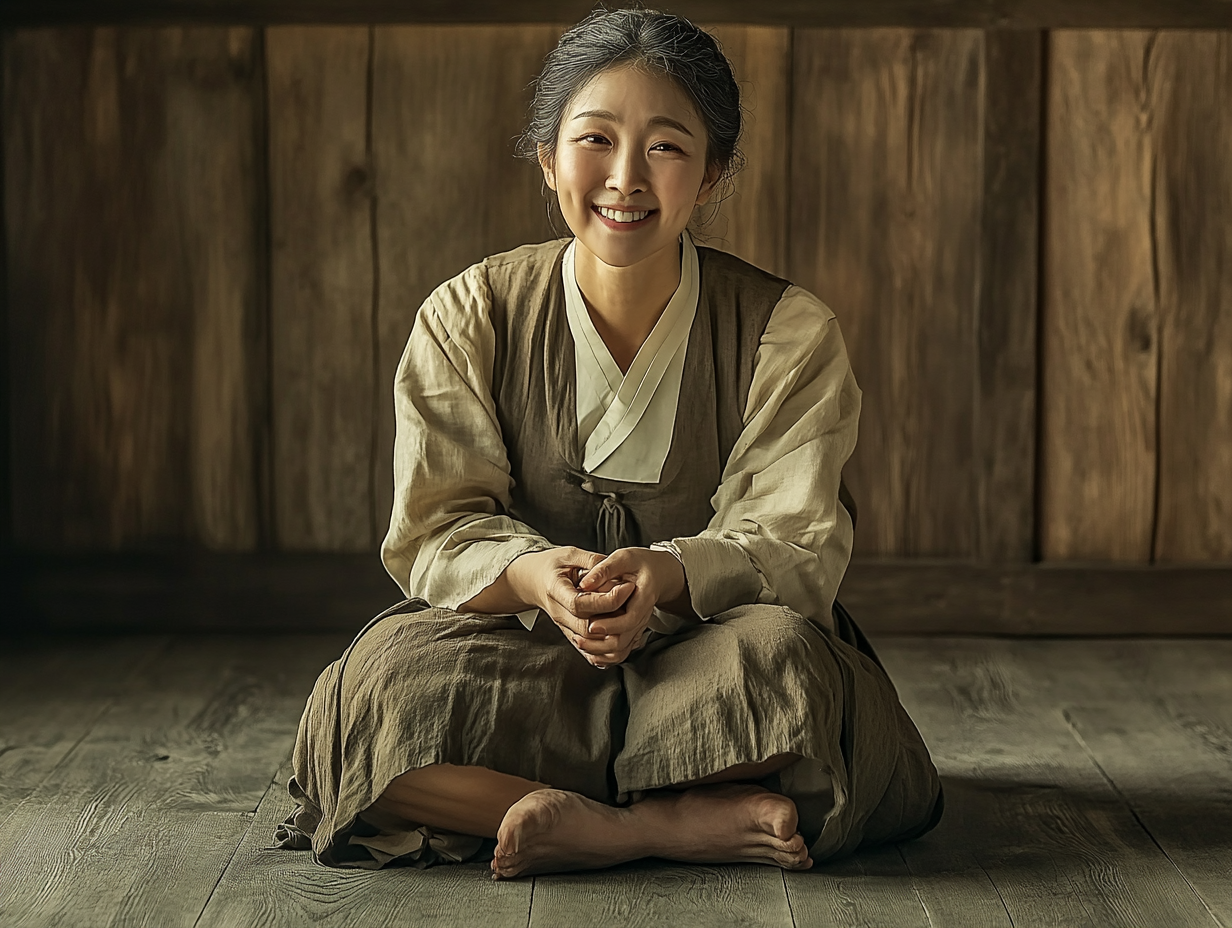 Smiling Korean woman in peasant girl outfit, hugging knees.