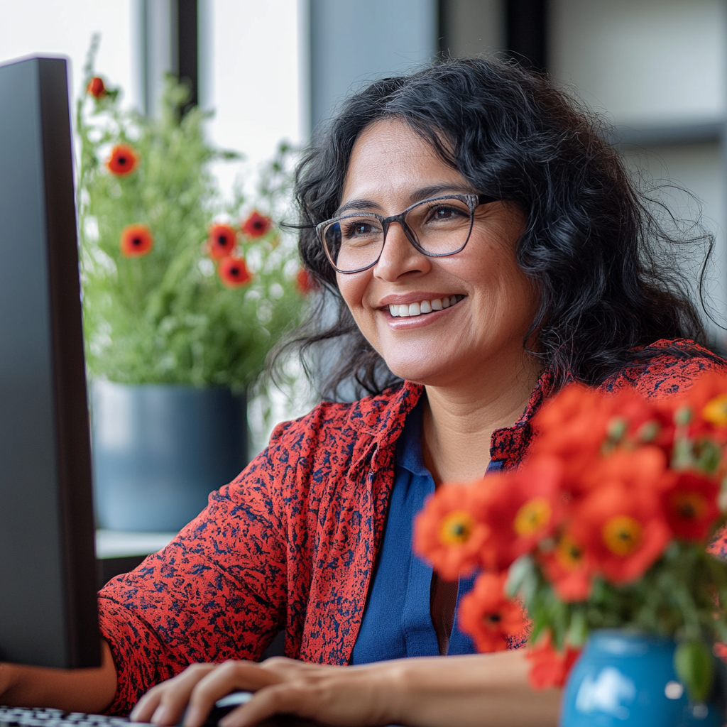 Smiling Latina woman at computer during virtual meeting.