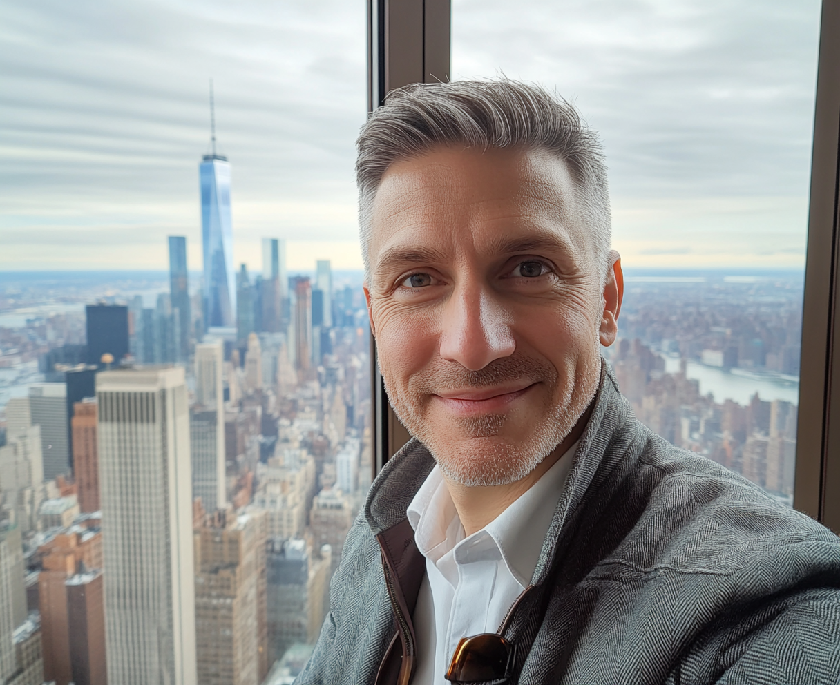 Smiling Mature Man's Selfie in High-Rise New York Office