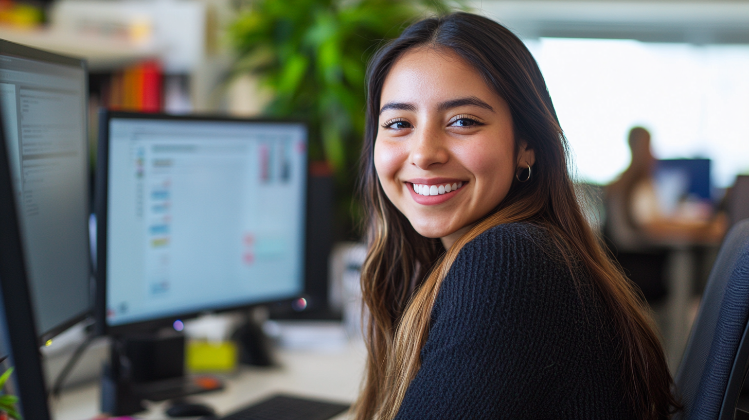 Smiling Mexican woman working in colorful office