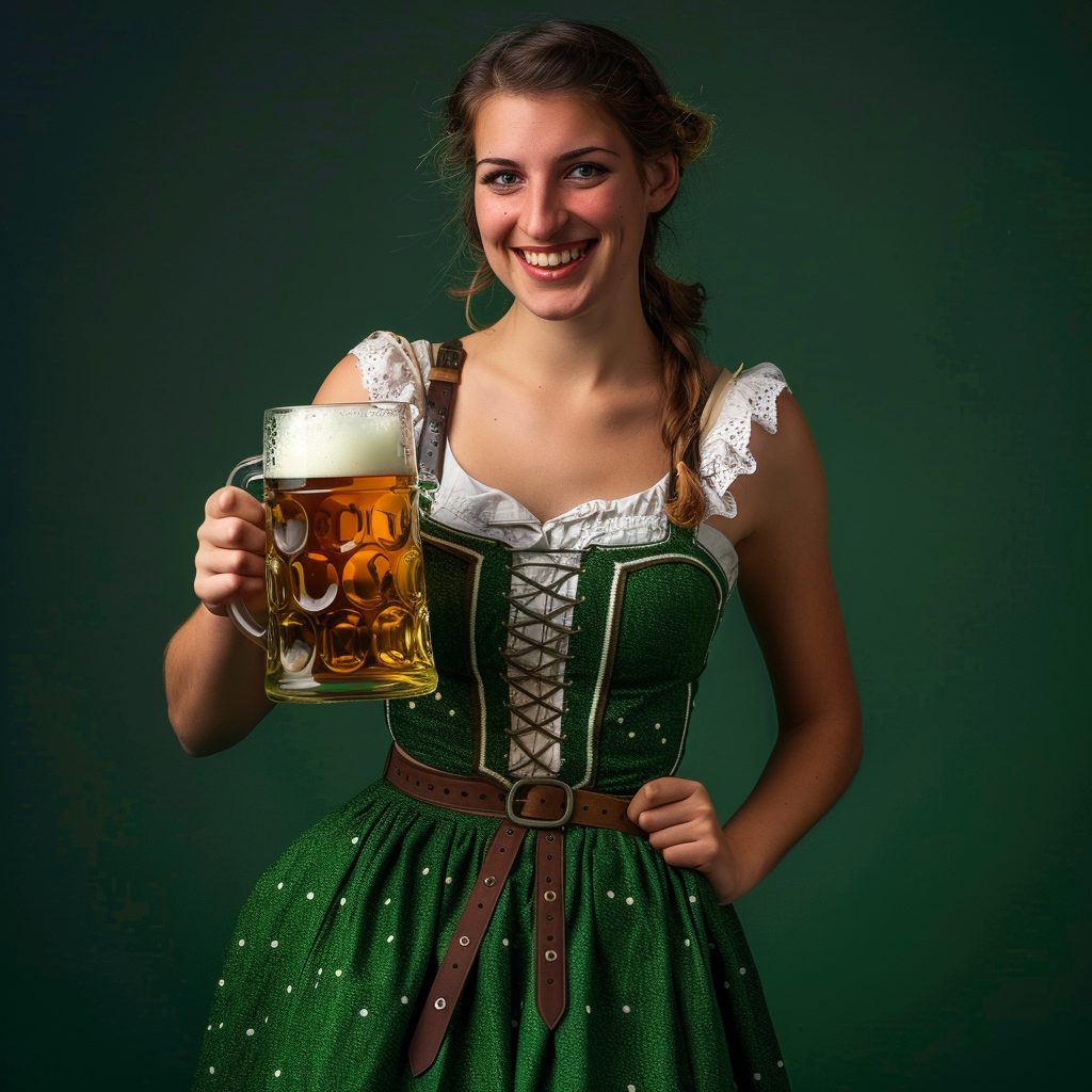 Smiling Oktoberfest Woman in Green Dirndl holding Beer 