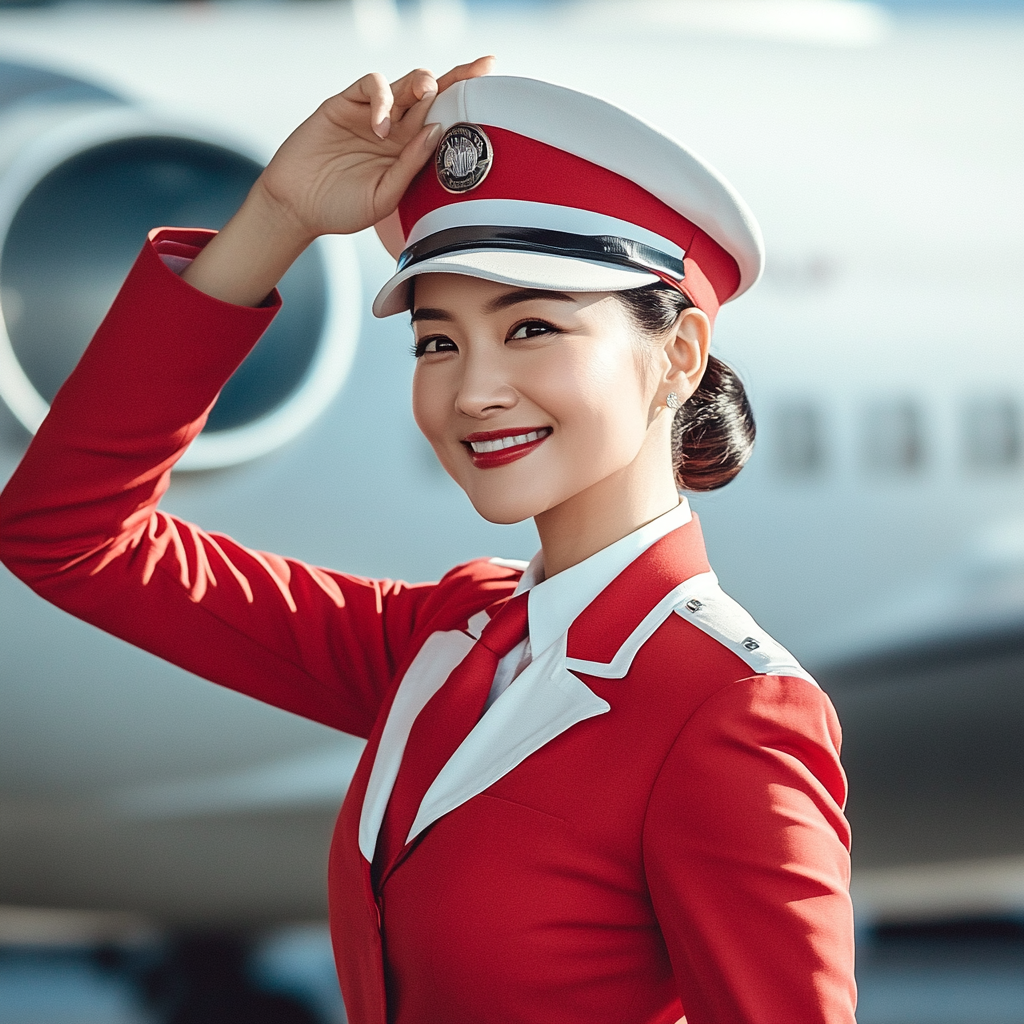 Smiling Pilot in Red Uniform Stands by Airplane