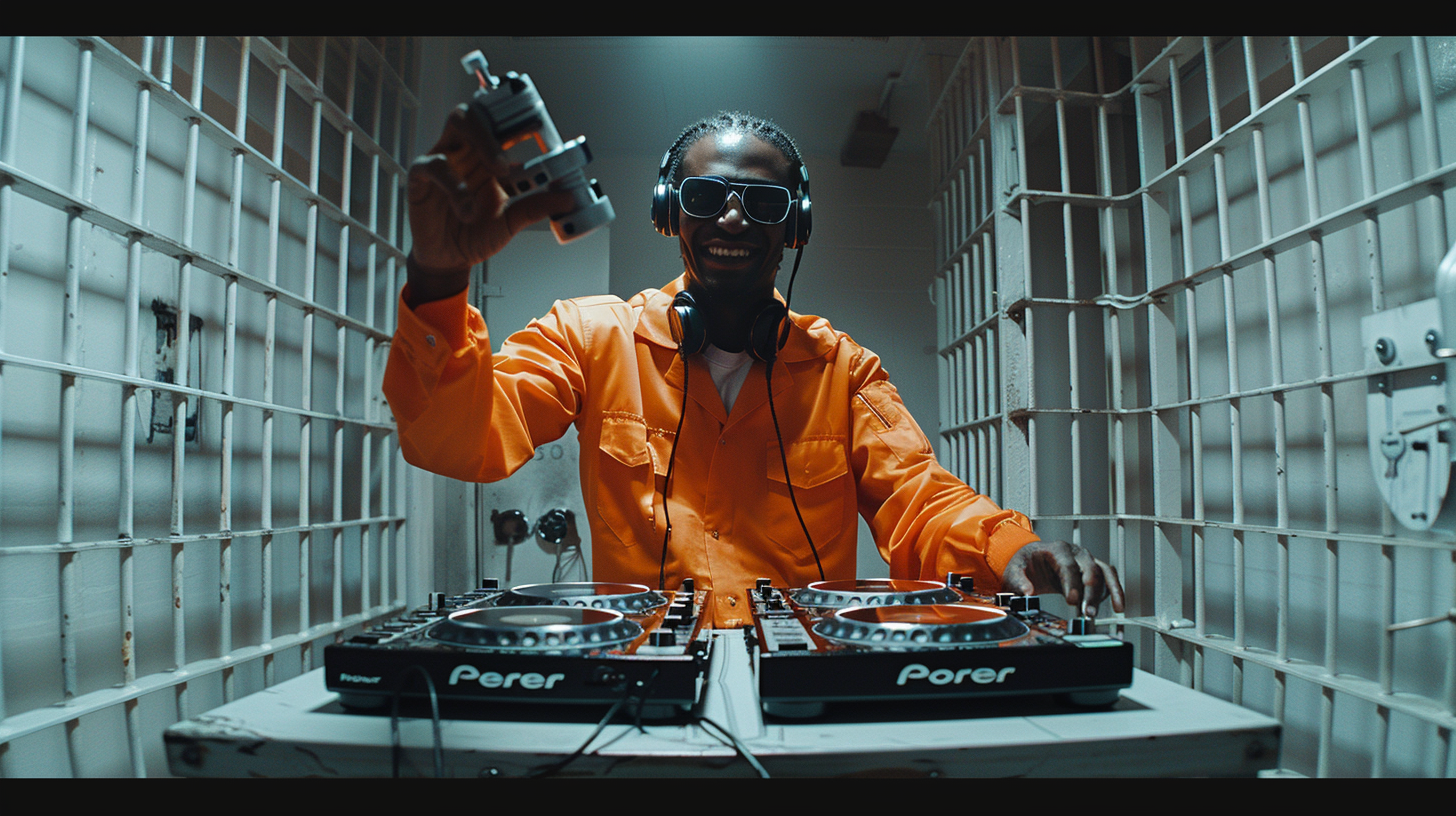 Smiling Prisoner DJ in Small Cell, 4K Ultra HD