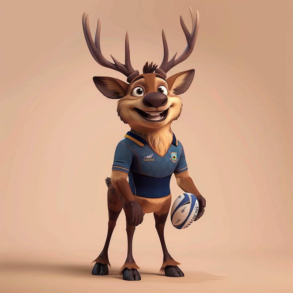 Smiling Stag Rugby Mascot in Blue Hoops