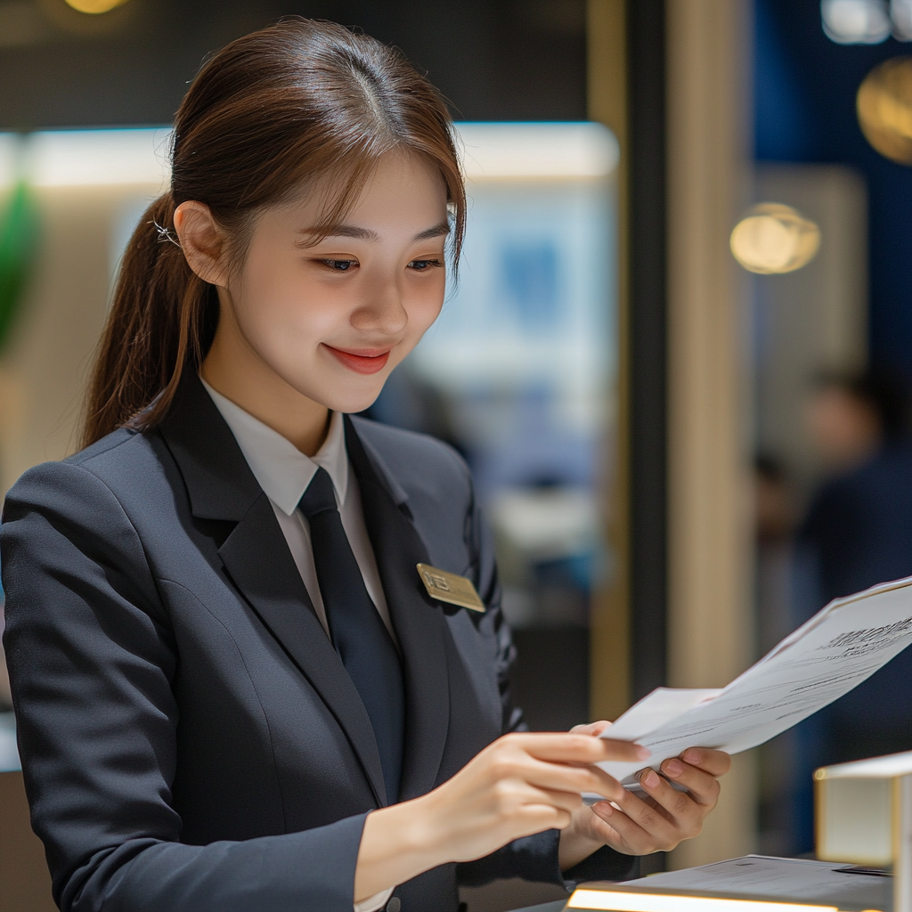 Smiling Taiwanese female bank employees introducing low-interest loans