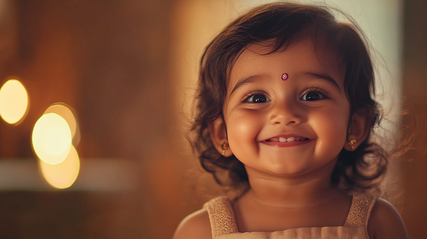 Smiling Tamil baby girl in warm cinematic frame.