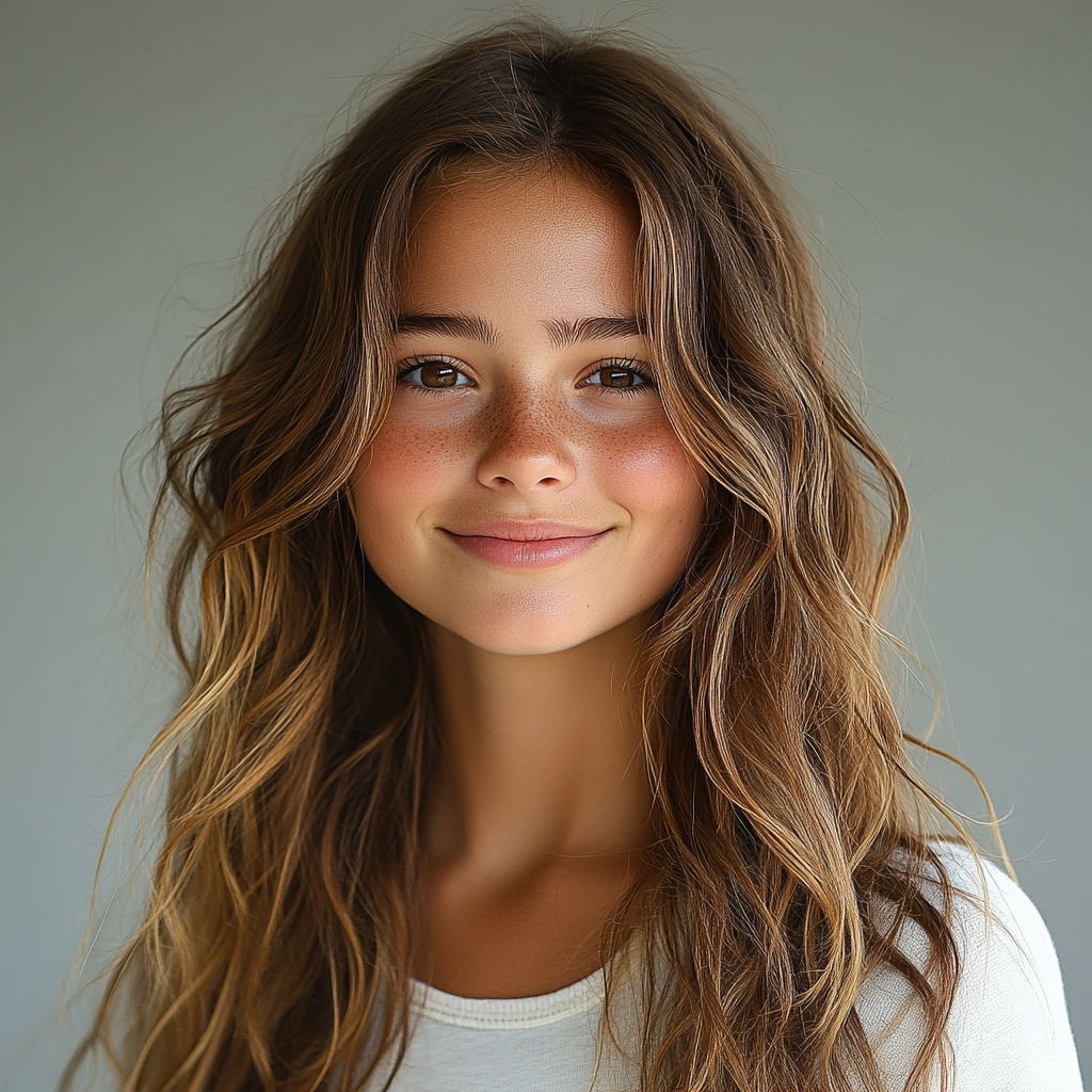 Smiling Teenage Girl Stands on Surfboard