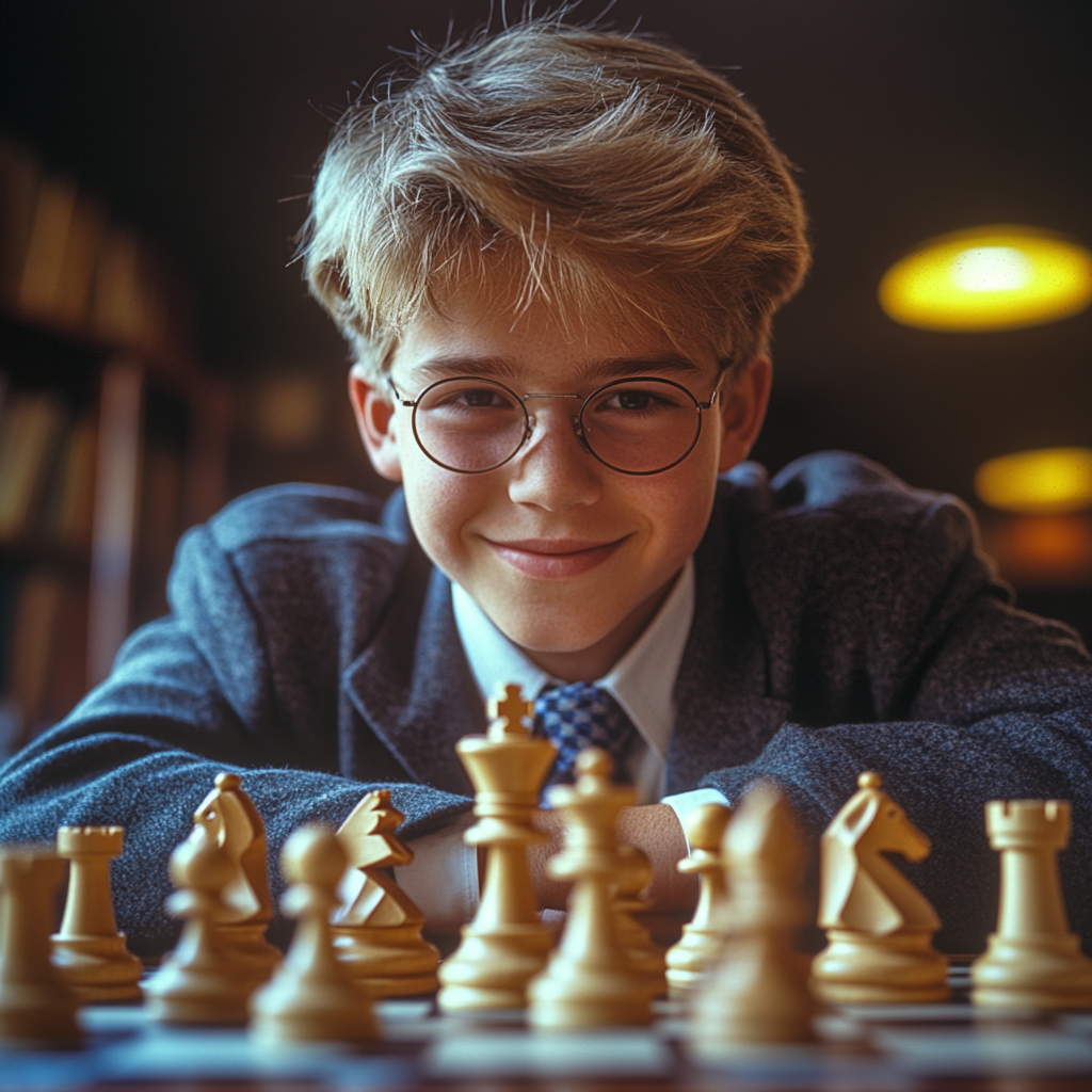 Smiling arrogant teenage male playing chess on train.