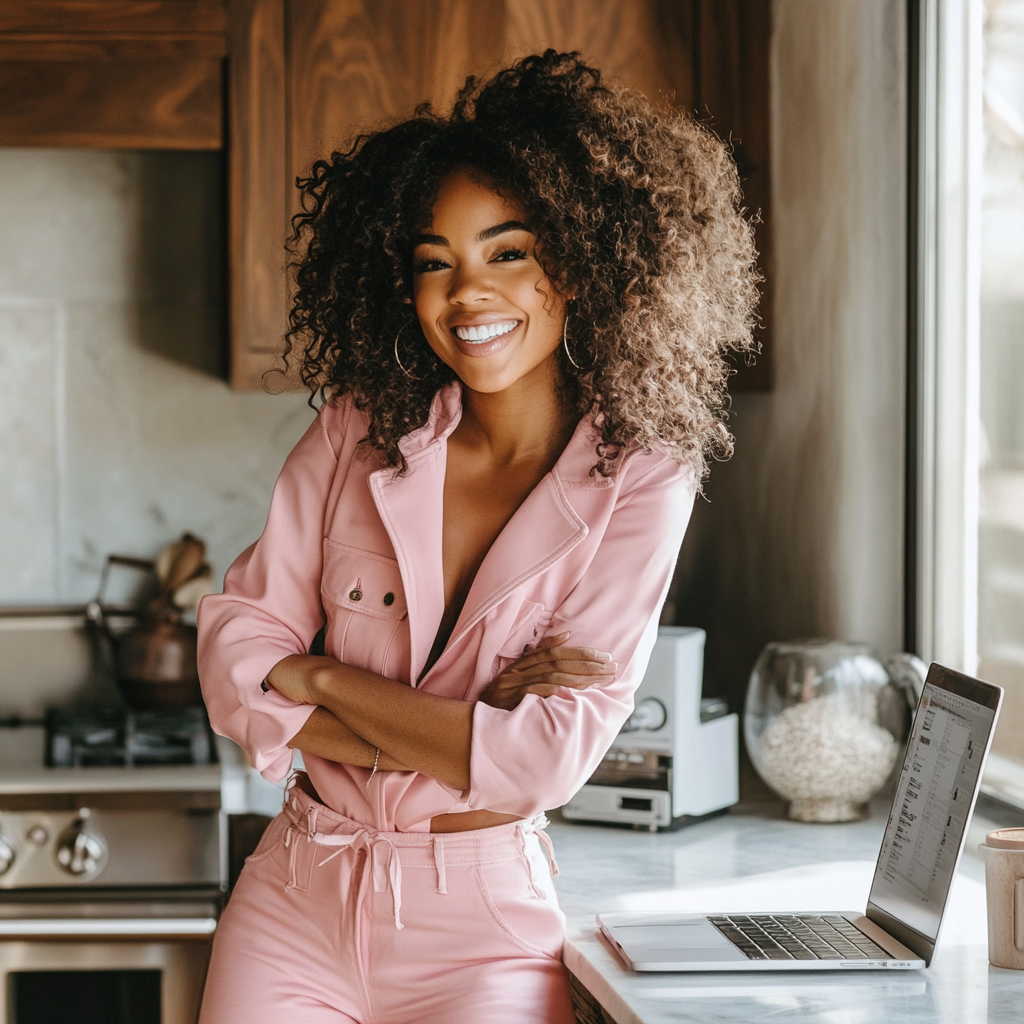 Smiling black woman with laptop in stylish kitchen.