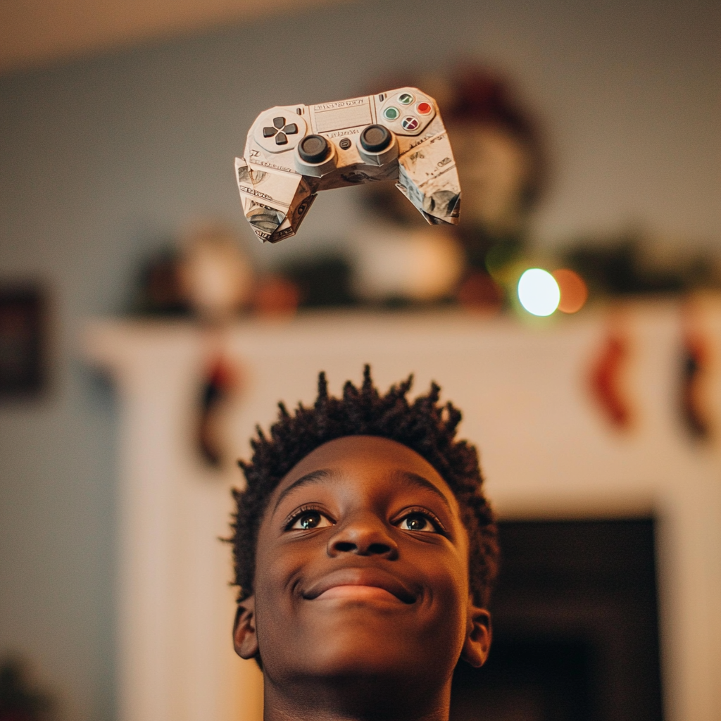 Smiling boy with origami game controller above head.