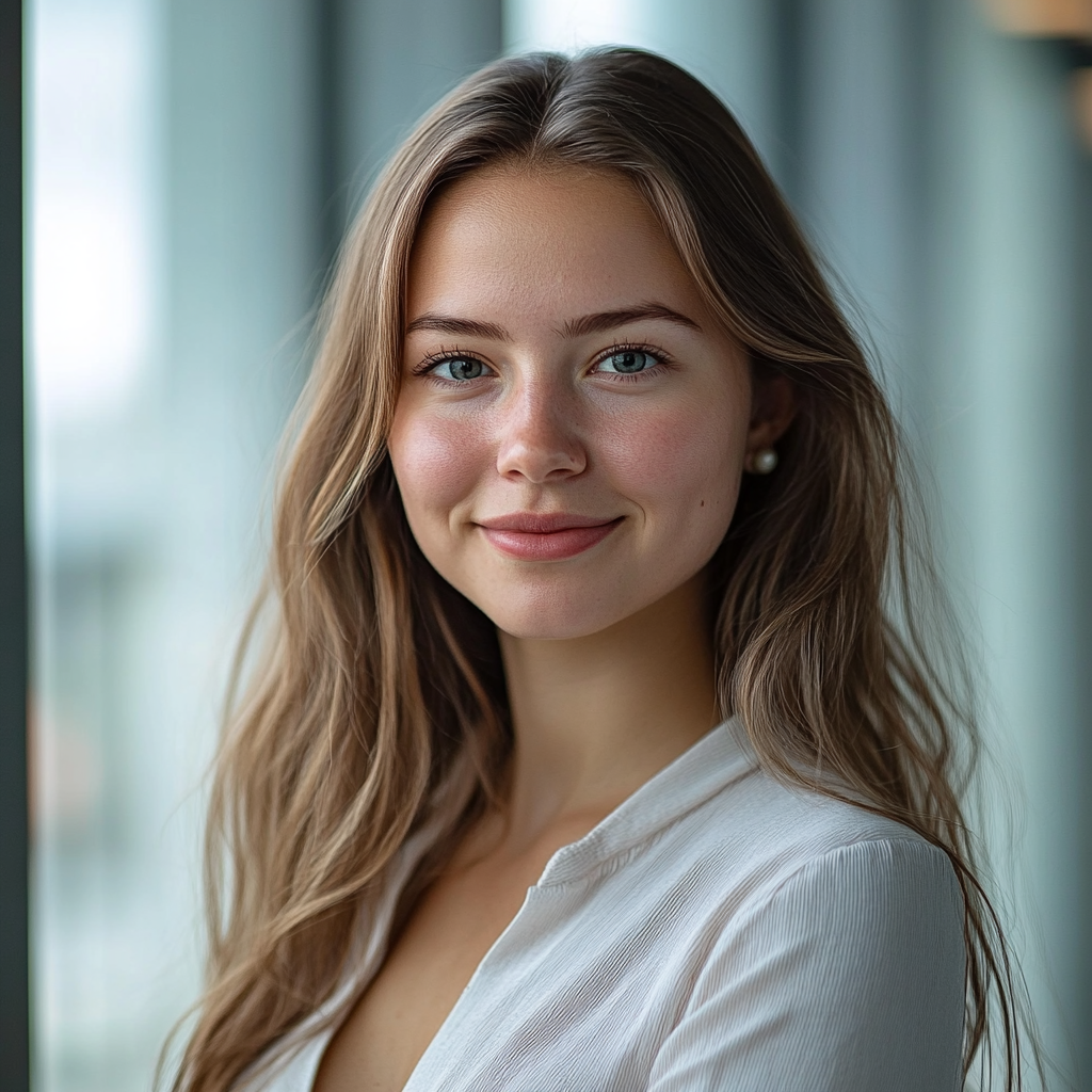 Smiling businesswoman, photo taken with Fuji X100V camera.