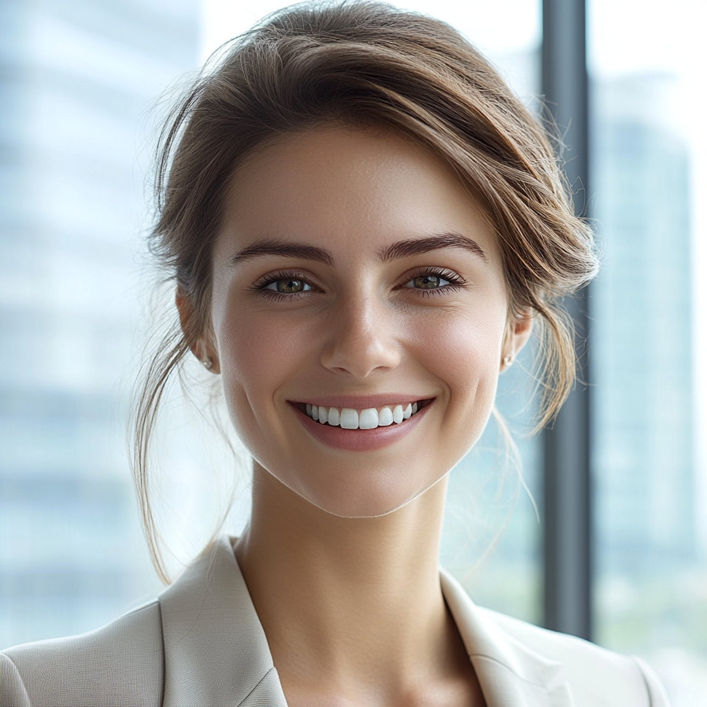 Smiling businesswoman in office, Fuji camera aesthetics. Life-time focus.