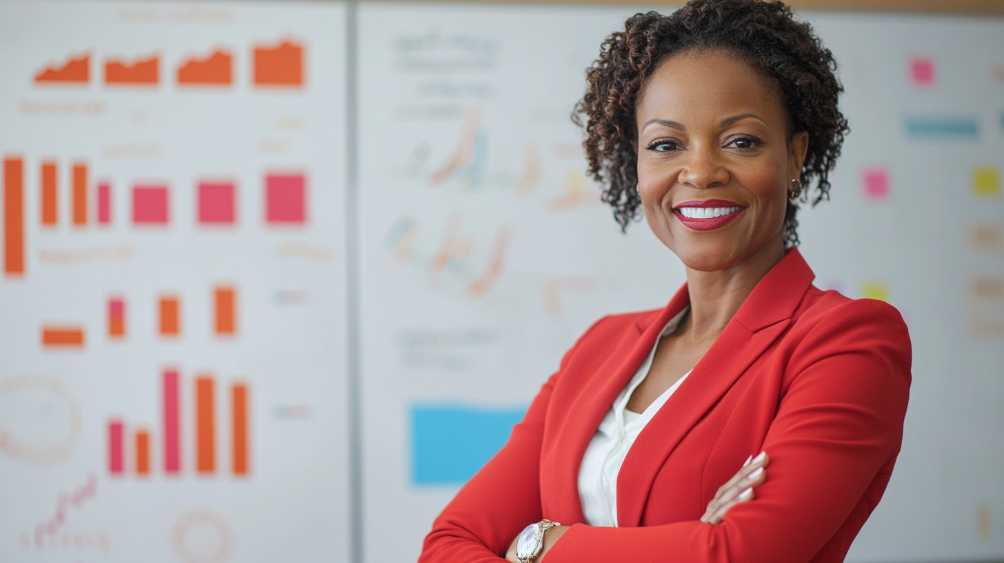 Smiling businesswoman with data analysis insights, red and blue.