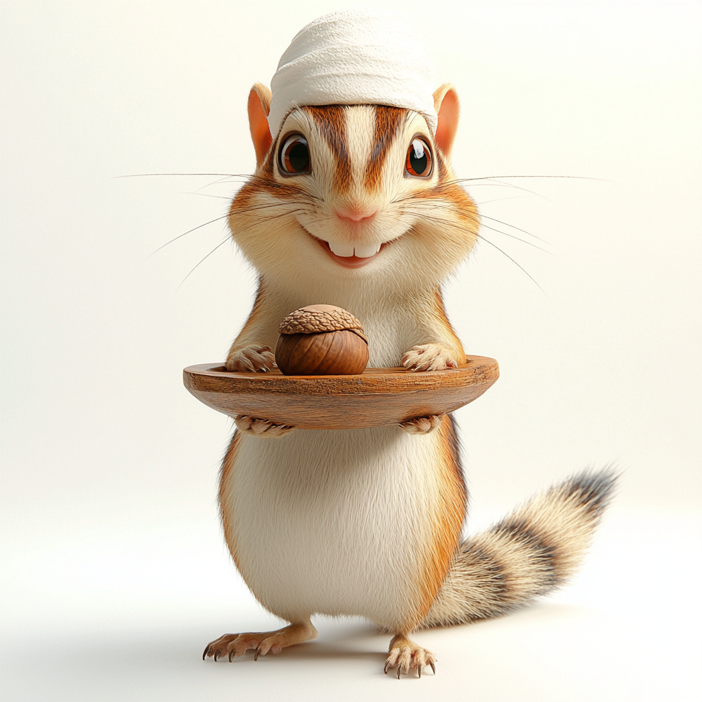 Smiling chipmunk holds acorn on wood tray, white background.