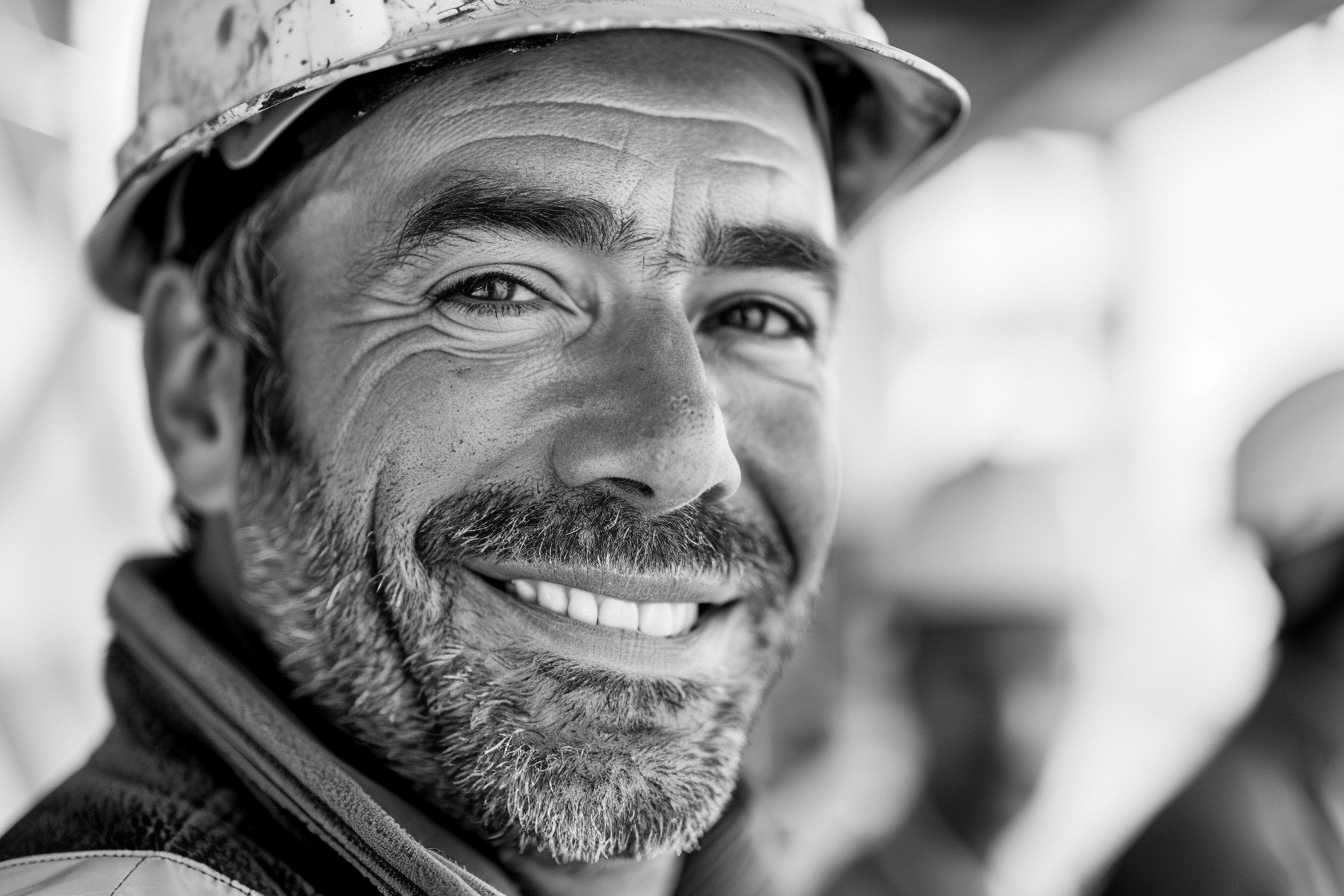 Smiling construction worker taking selfie with team in black-&-white.