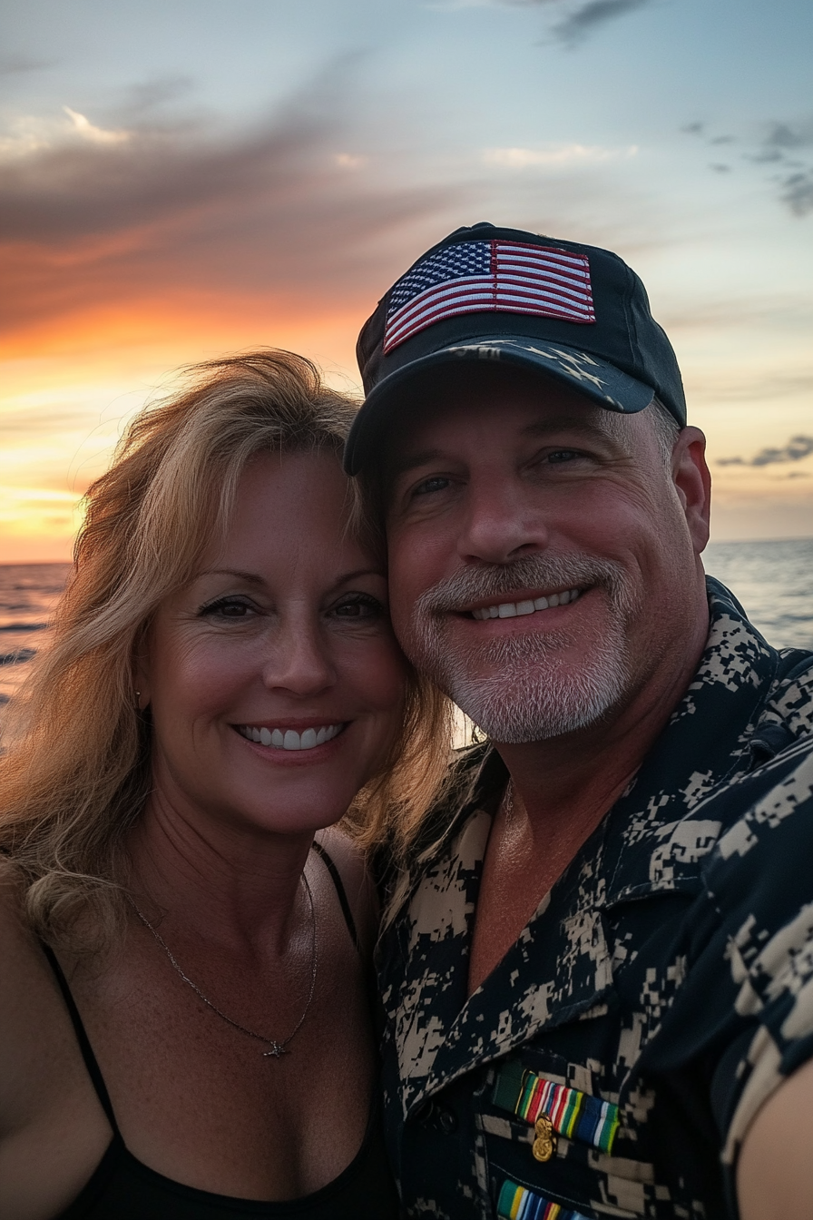 Smiling couple on cruise ship at sunset.