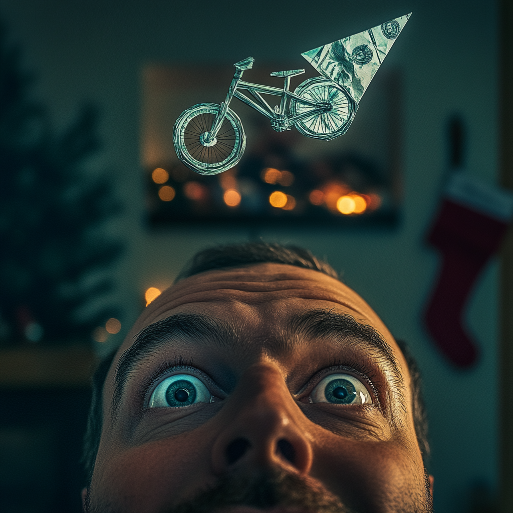 Smiling dad with origami bike, holiday decorations, lit fireplace.